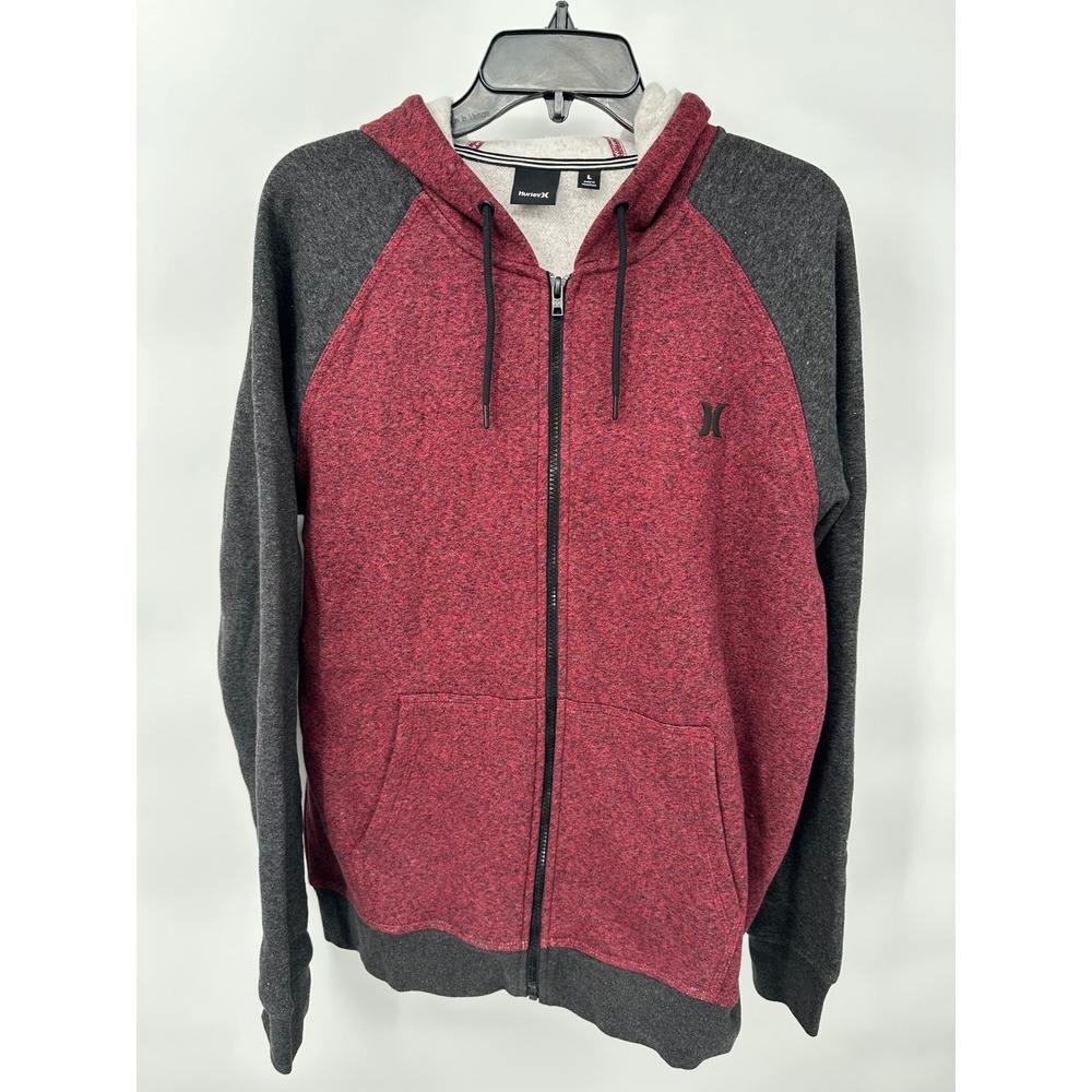 Hurley Full Zip Hoodie Heathered Red Gray Raglan Sweatshirt Comfy Mens‎ L